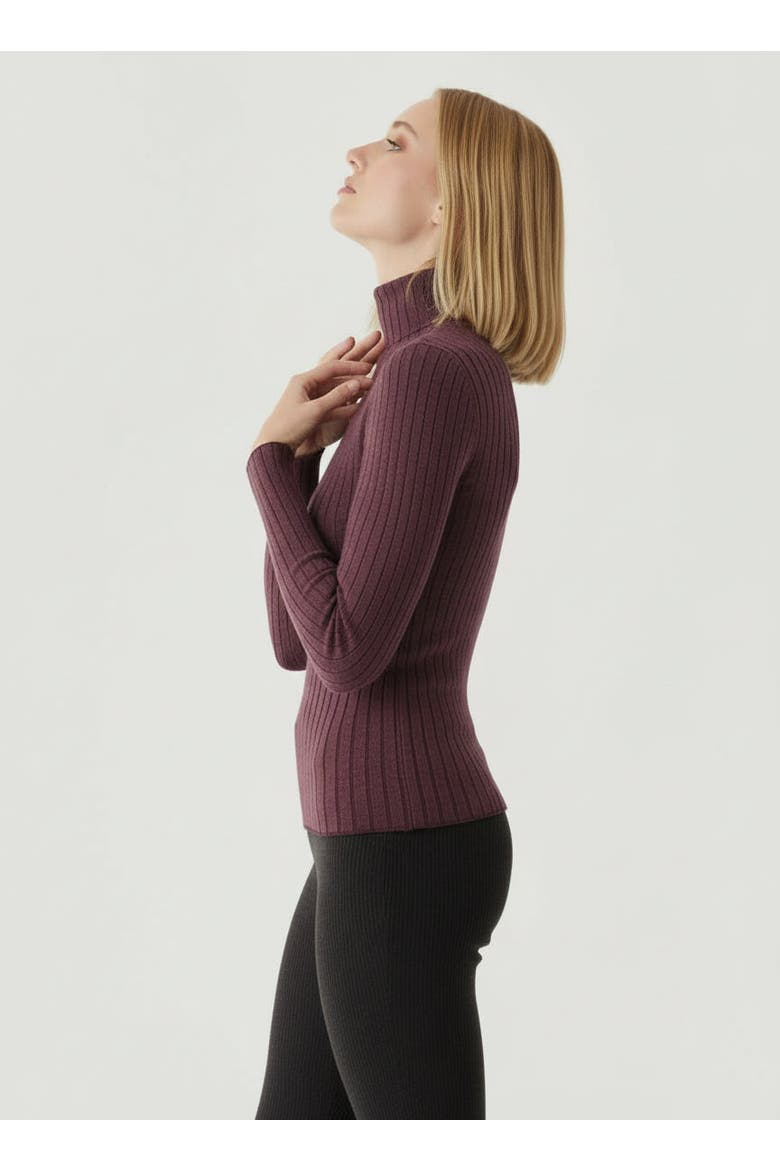 Organic Cotton Metallic Rib Mock Neck Top, Alternate, color, METAL AUBERGINE