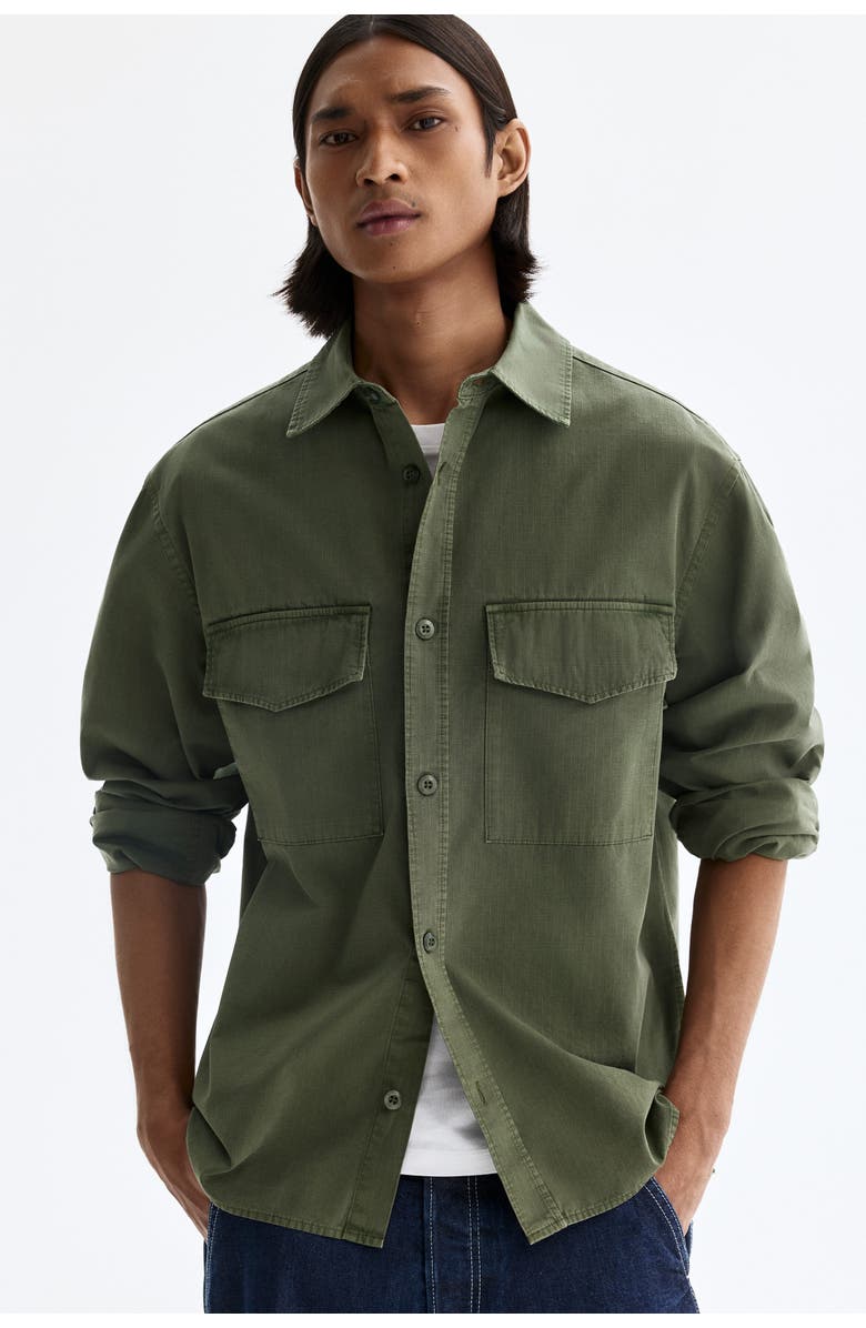 H&M Regular Fit Utility Shirt, Alternate, color, Dark Khaki Green