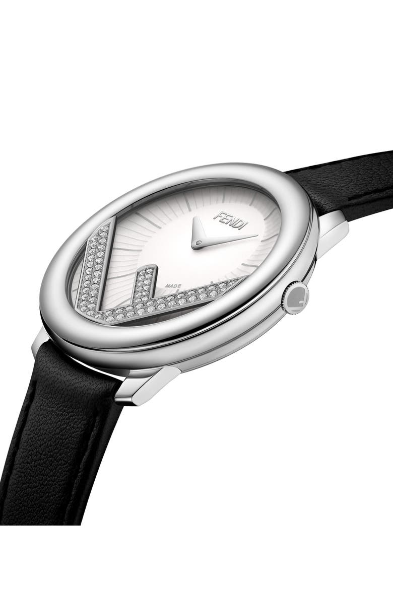 Fendi Run Away Diamond Leather Strap Watch, 36mm, Alternate, color, Black/ White/ Silver