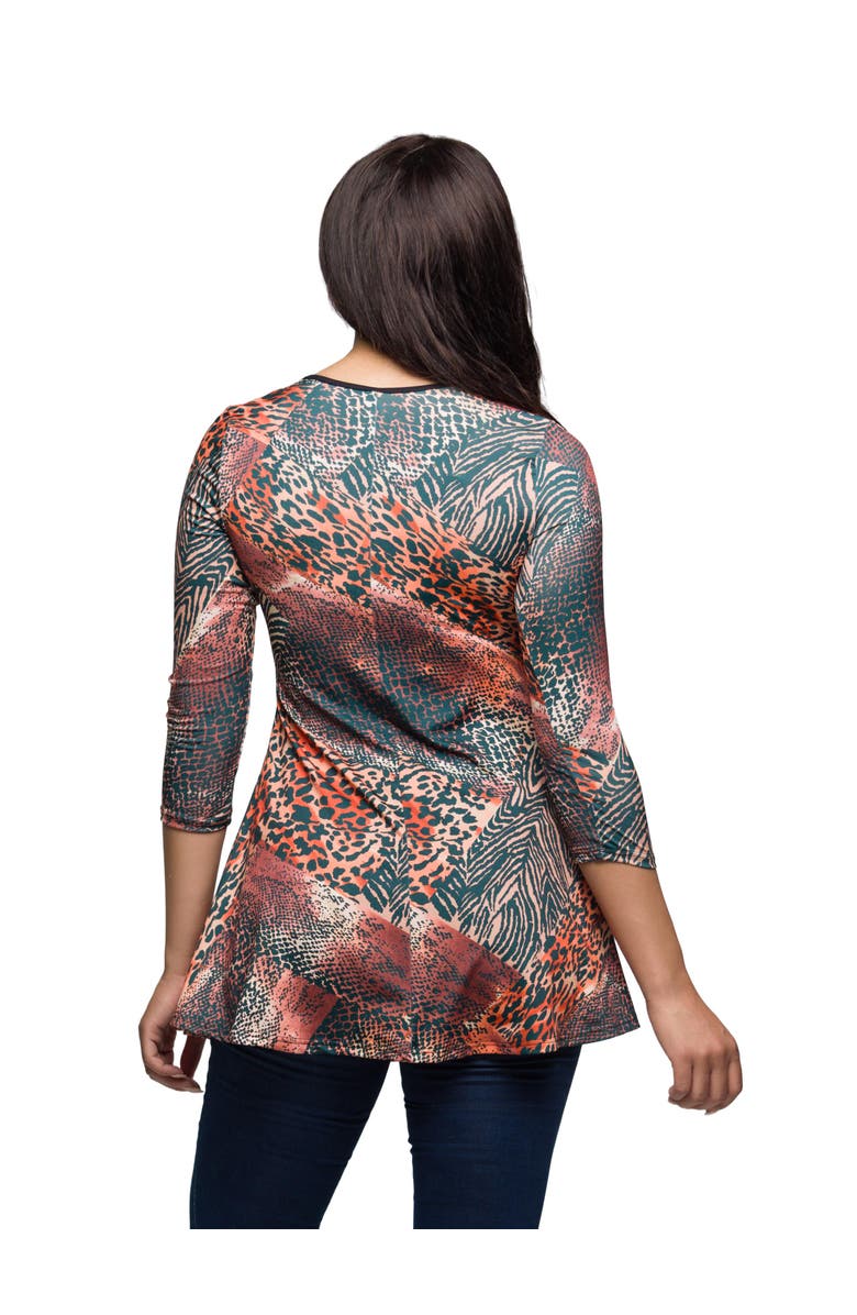 24seven Comfort Apparel Animal Print V-neck Three Quarter Sleeve Tunic Top, Alternate, color, Brown Multi