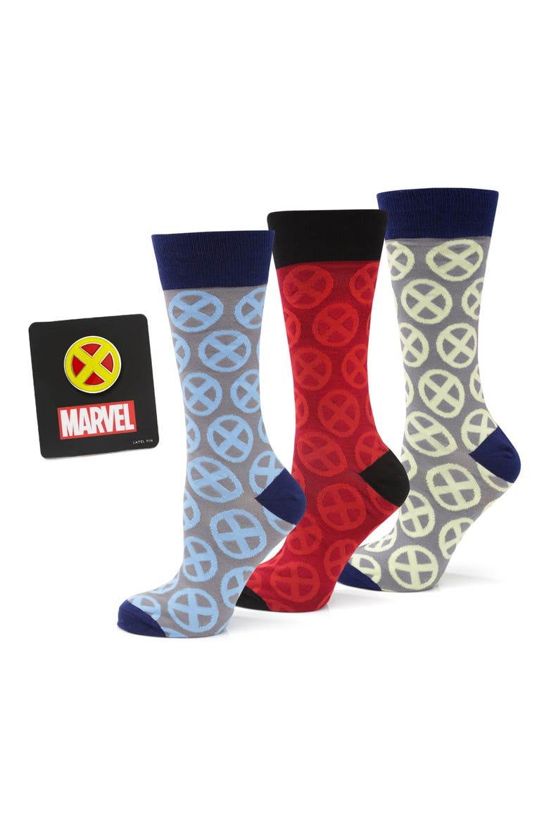 X-Men 3-Pack Assorted Crew Socks & Lapel Pin Set, Main, color, RED MULTI