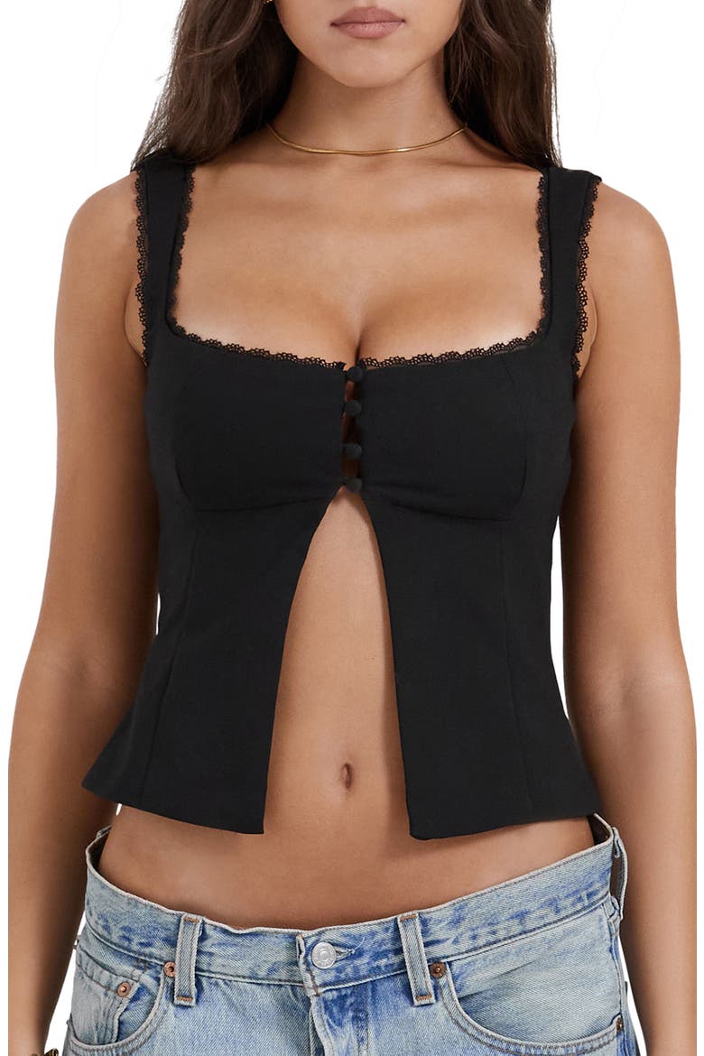 Noura Lace Trim Open Front Tank, Main, color, BLACK