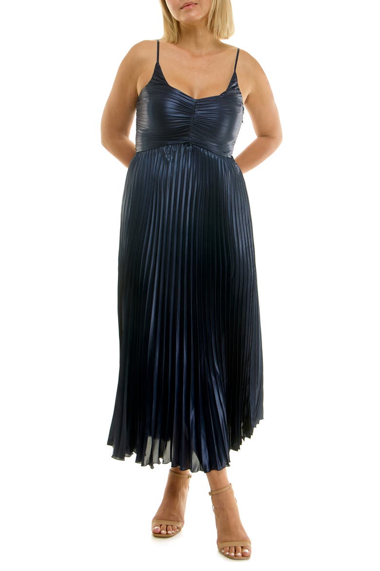 Pleated Metallic Midi Dress, Main, color, SPRING NAVY METALLIC