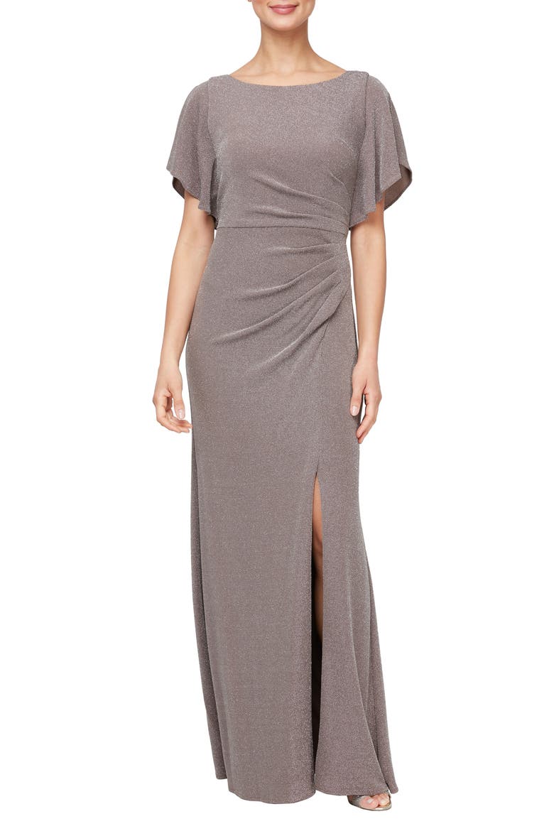 Shimmer Flutter Sleeve Gown, Main, color, RICH TAUPE