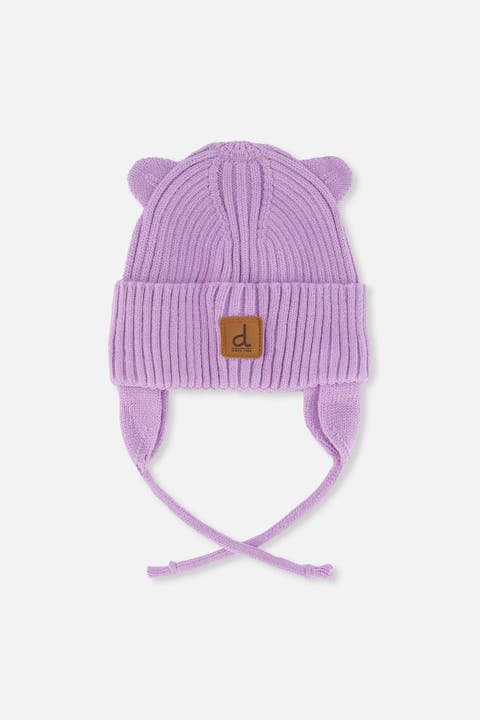 Ribbed Bear Ear Tie Strings Knit Hat