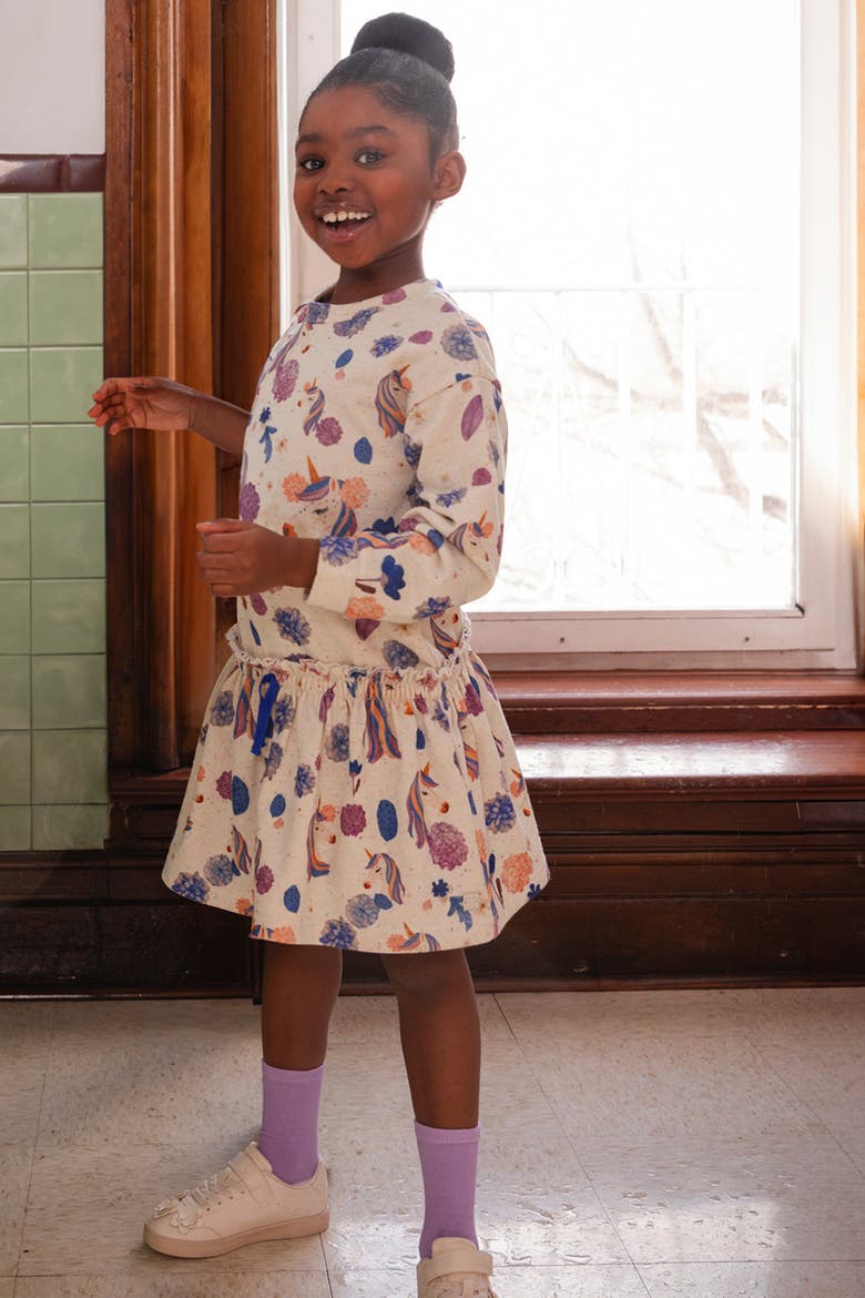 French Terry Long Sleeve Relaxed Dress, Alternate, color, Beige Unicorn Print