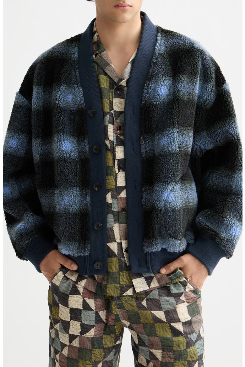 Plaid Polar Fleece Cardigan, Main, color, THYME/ BLUE BONNET CHECK AOP