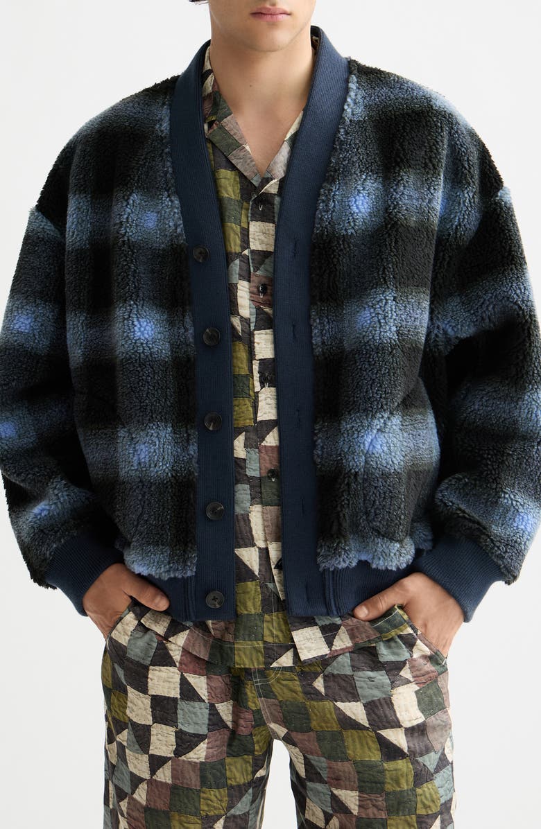 Scotch & Soda Plaid Polar Fleece Cardigan, Main, color, Thyme/ Blue Bonnet Check Aop