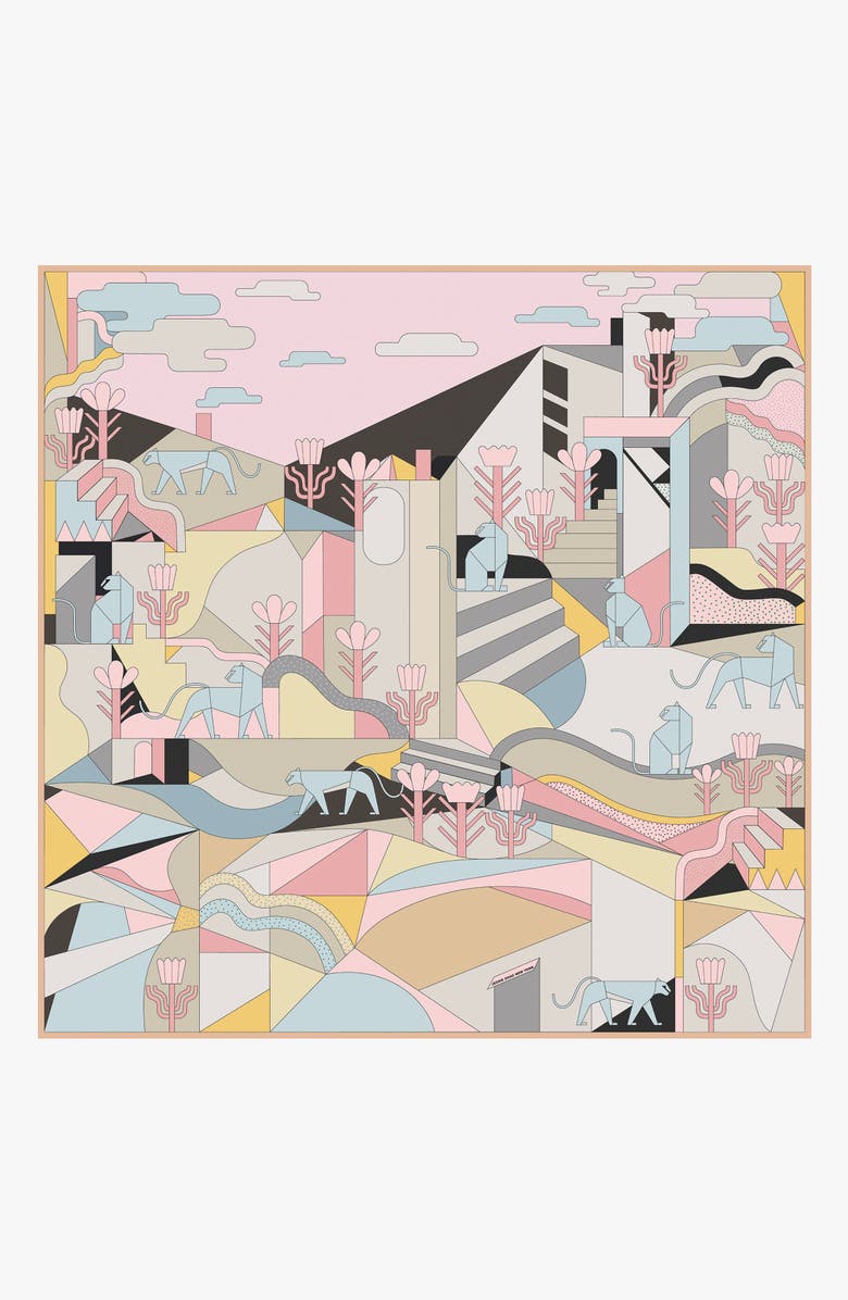 Jessie Zhao New York Double Sided Silk Scarf Of Jungle Puzzle, Alternate, color, Blue