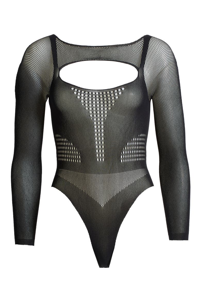 Pretty Long Sleeve Hosiery Thong Teddy, Alternate, color, BLACK