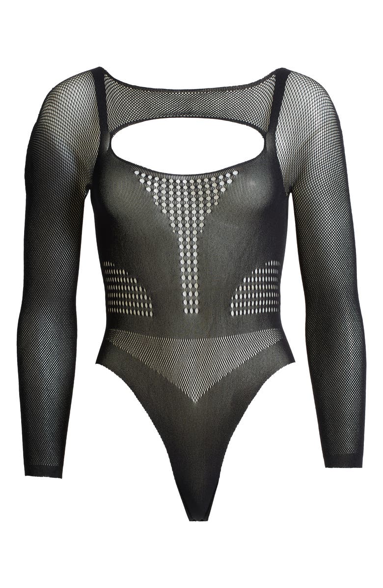 Hauty Pretty Long Sleeve Hosiery Thong Teddy, Alternate, color, Black