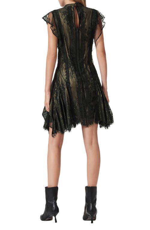 Allsaints Womens Metallic Gold Fleur High-neck Lace Mini Dress In Black