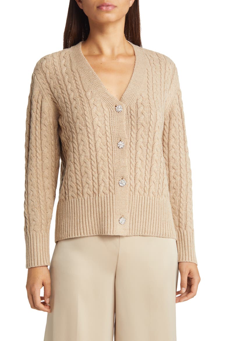 Crystal Embellished Cable Knit V-Neck Cotton Blend Cardigan, Main, color, LATTE