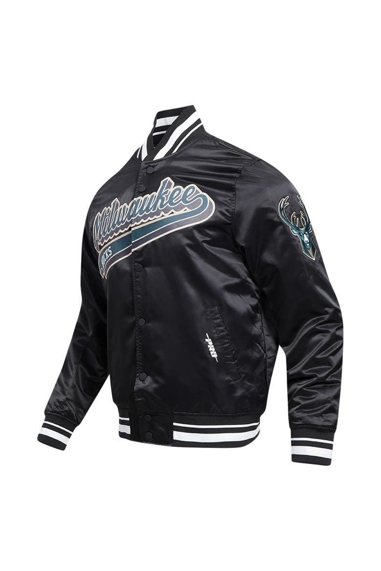 Men's Pro Standard Black Milwaukee Bucks Script Tail Full-Snap Satin Varsity Jacket, Alternate, color, Black