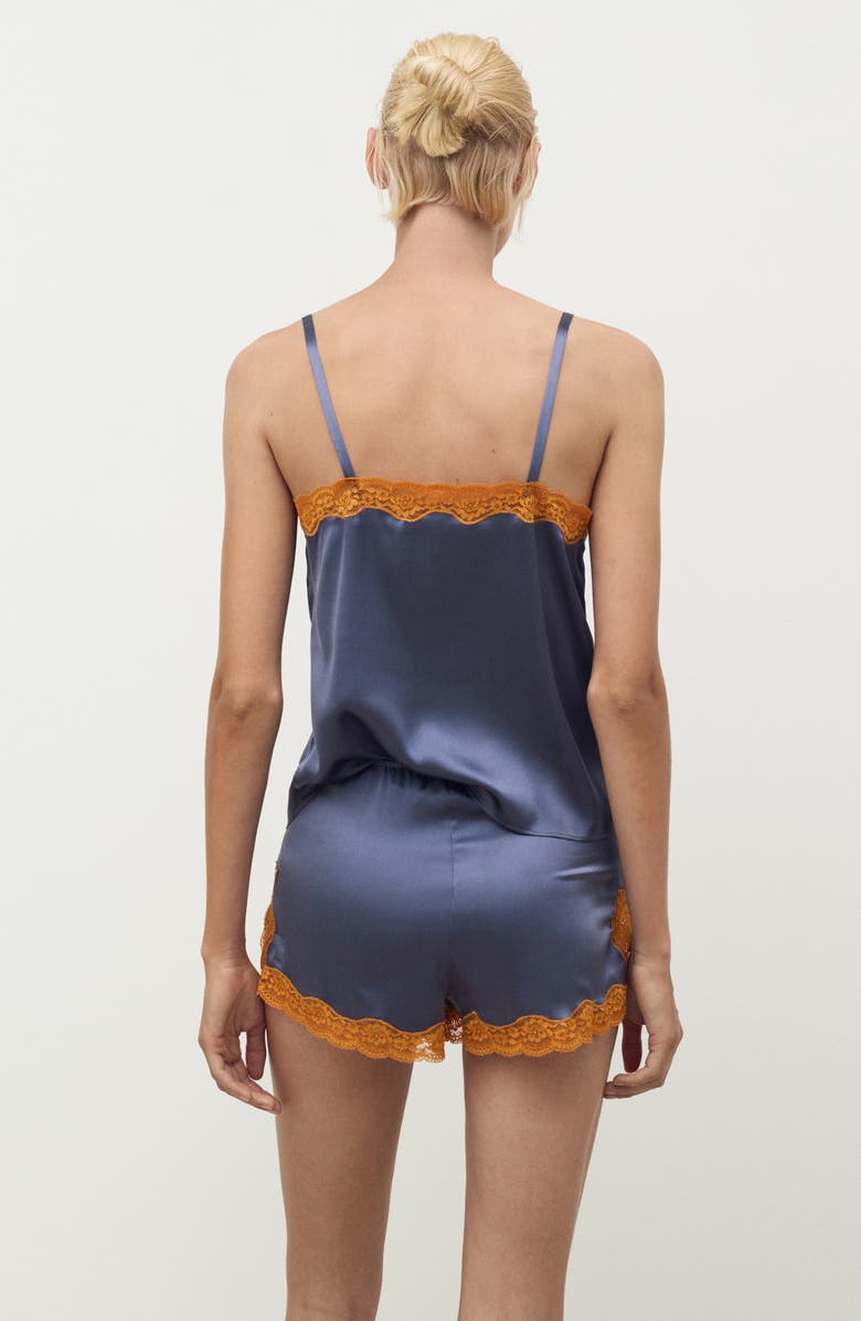 MANGO Contrast Lace Trim Stretch Silk Pajama Shorts, Alternate, color, Ink Blue