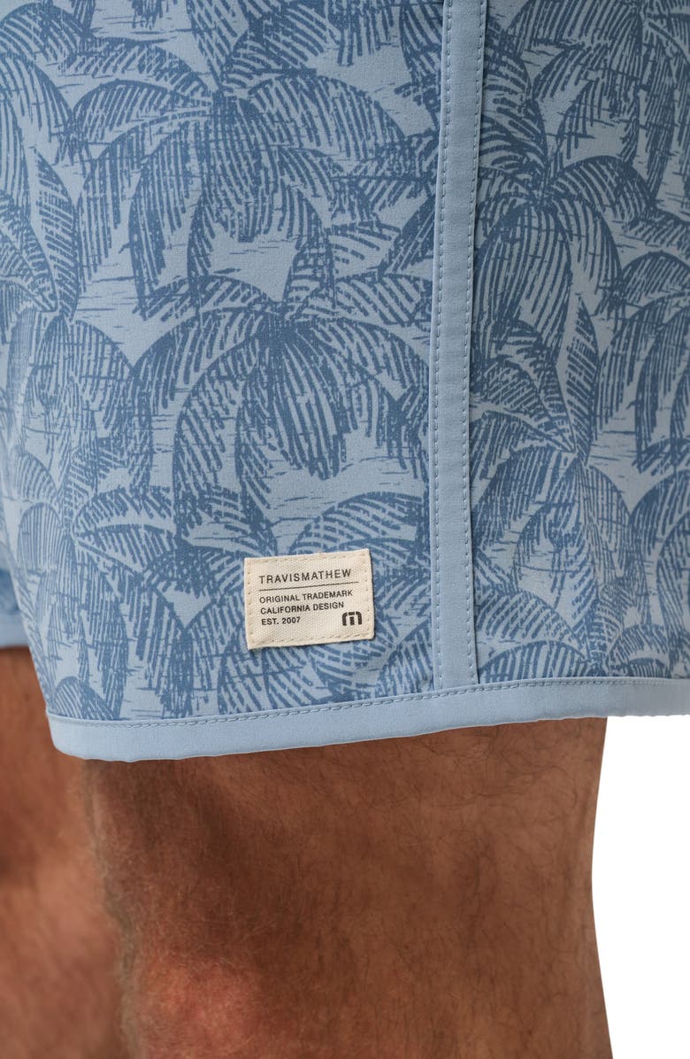 TravisMathew Tidal Whisper Palm Tree Print Swim Trunks, Alternate, color, Ash Blue
