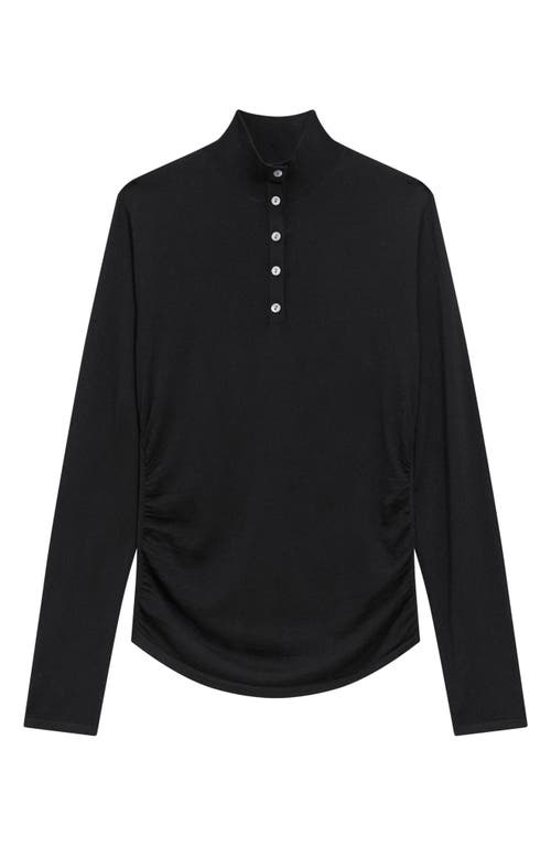 Theory Shirred Mock Neck Merino Wool Top In Black