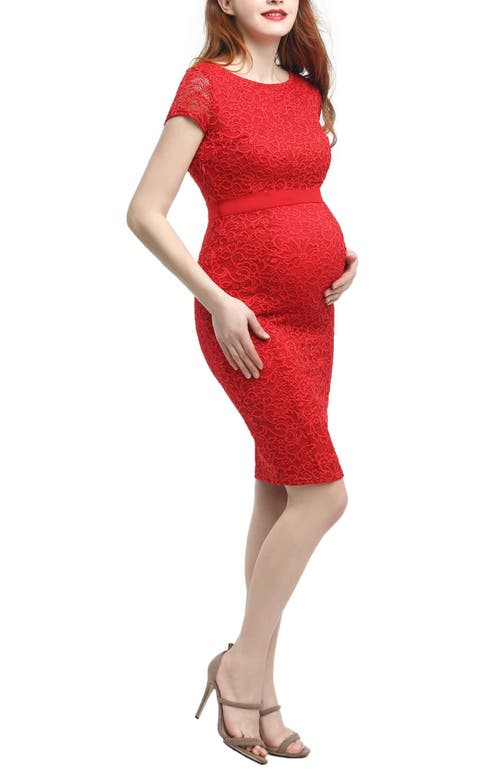 Kimi & Kai Nancy Cap Sleeve Lace Maternity Midi Dress In Red
