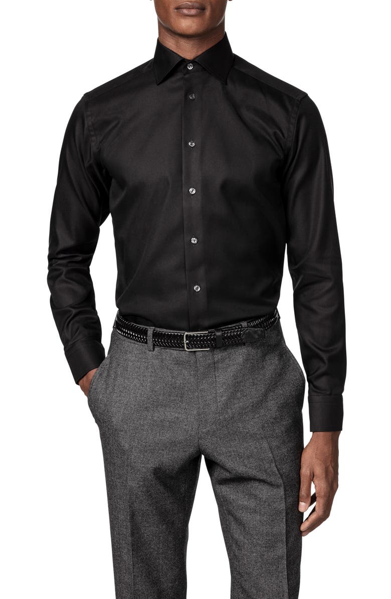 Eton Contemporary Fit Diagonal Weave Dress Shirt, Main, color, Black