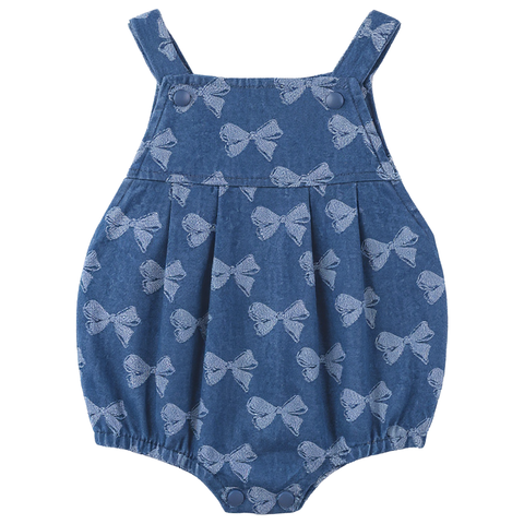 Girl Bow Denim Button Bottom Elastic Leg Overall