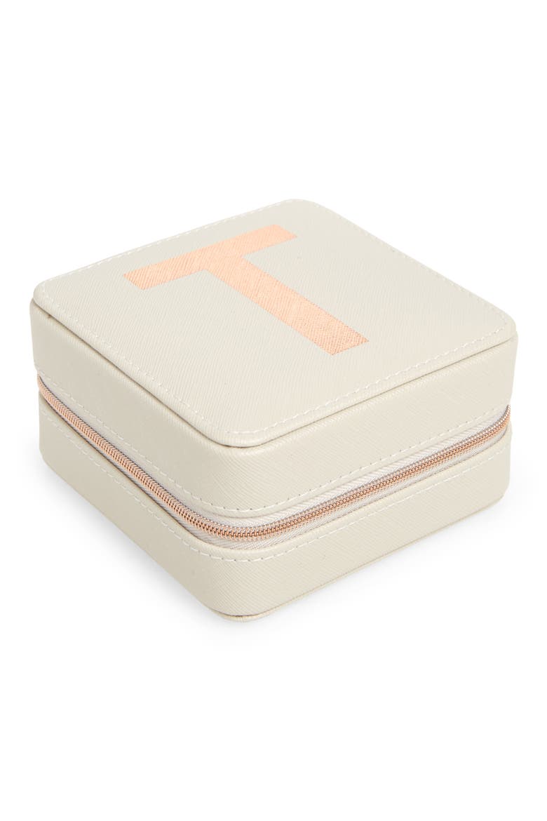 Initial Zip Square Jewelry Box, Main, color, T- GREY- ROSE GOLD