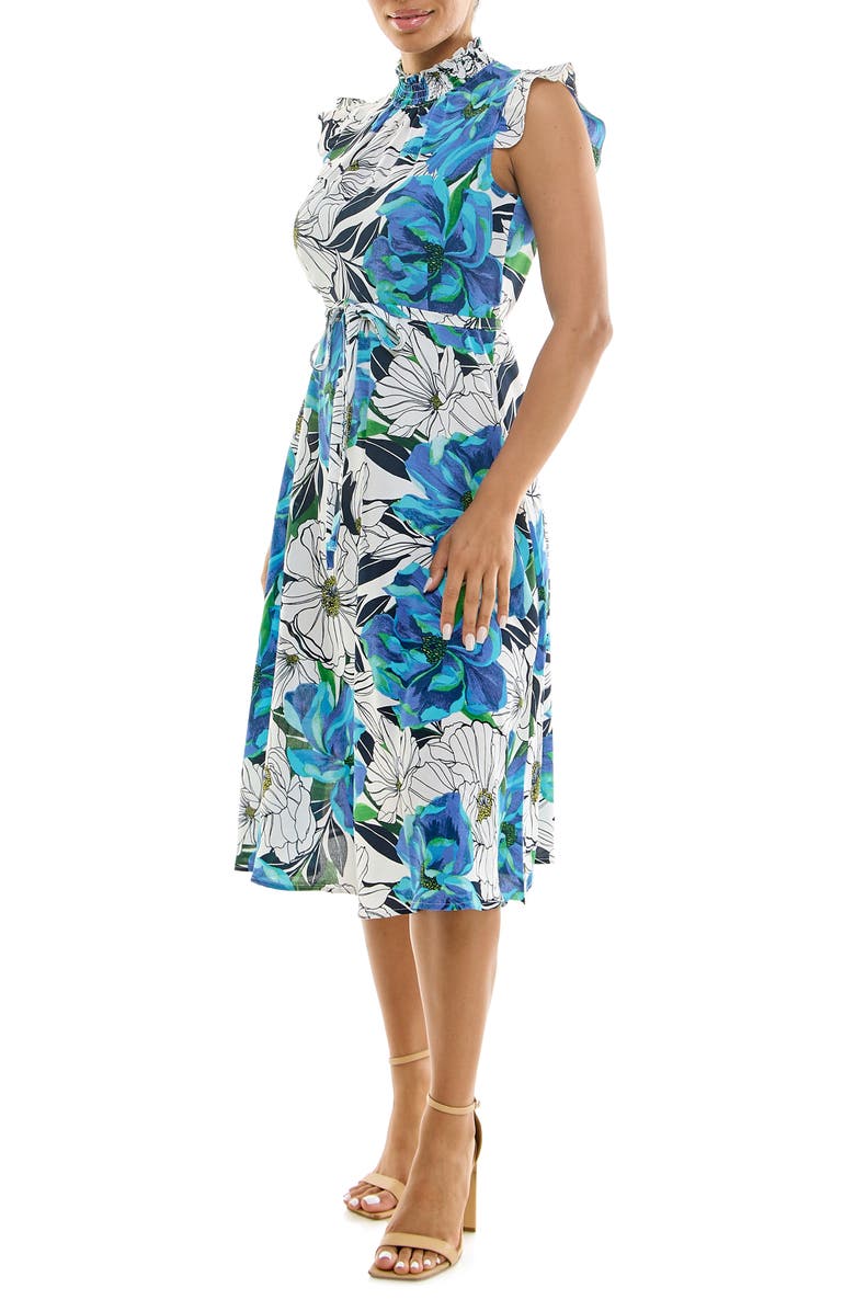 Nina Leonard Smocked Neck Tie Waist Midi Dress, Alternate, color, Navy/ Blue Multi