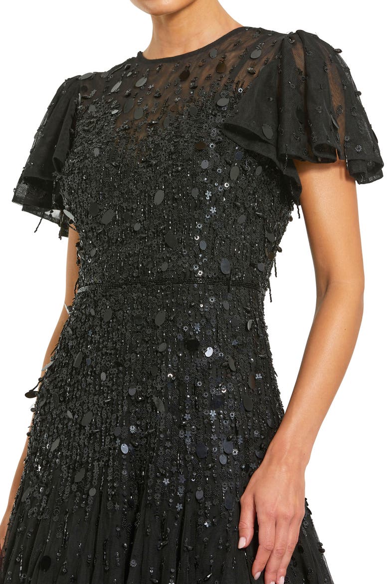 Flutter Sleeve Sheer Top Beaded Dress, Alternate, color, Black