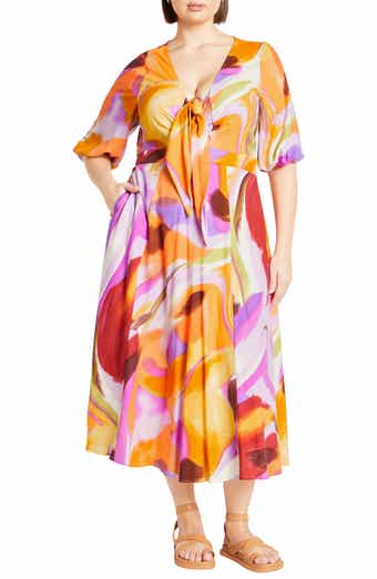 City Chic Swirl Print Tie Front Midi Dress