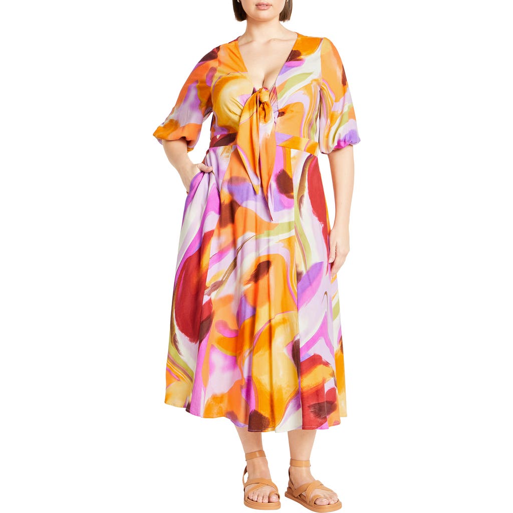 City Chic Swirl Print Tie Front Midi Dress