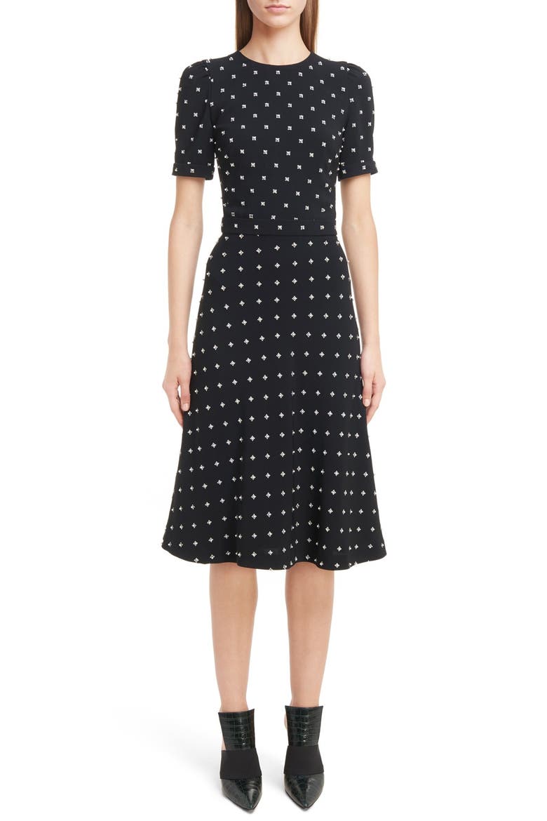 Imitation Pearl Embellished Lily Print Dress, Main, color, BLACK
