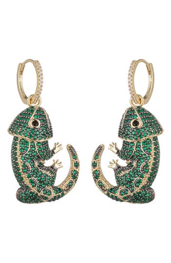 Eye Candy Los Angeles Pavé Gecko Drop Earrings In Green
