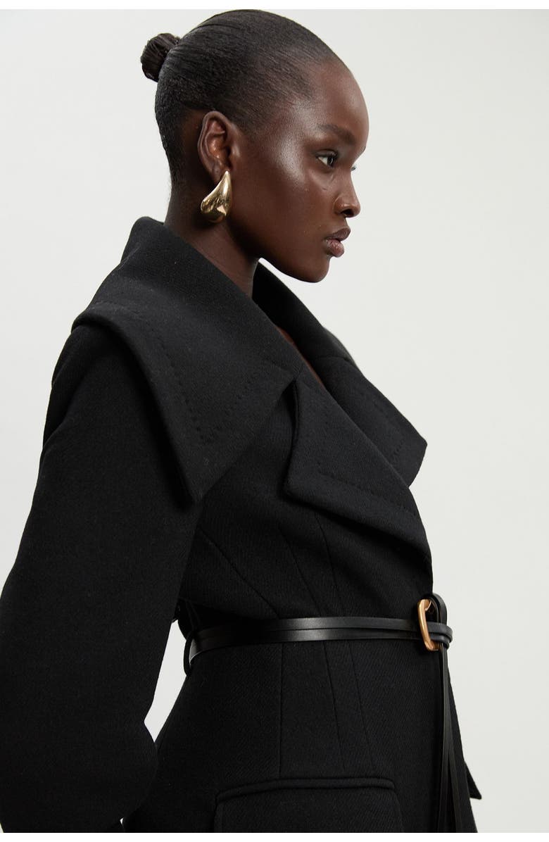 Karen Millen Wool Shawl Collar Belted Midi Coat, Alternate, color, Black