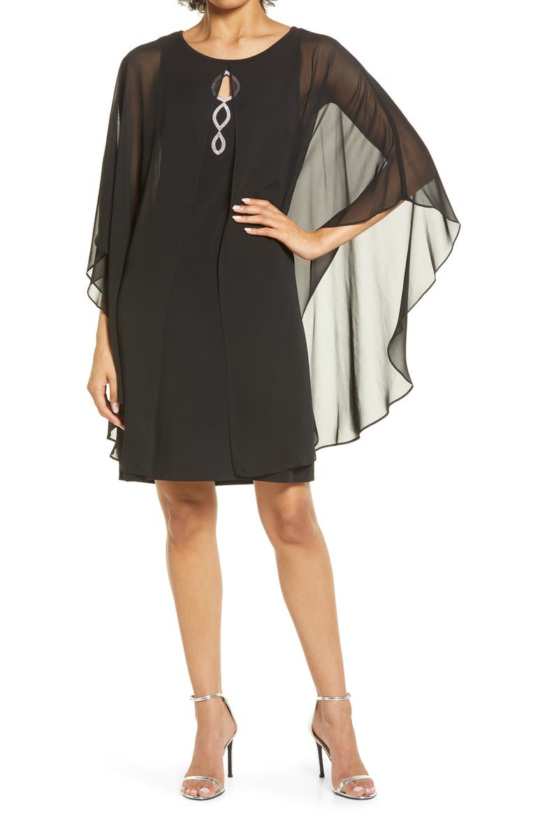 Connected Apparel Chiffon Overlay Cape Dress, Main, color, 