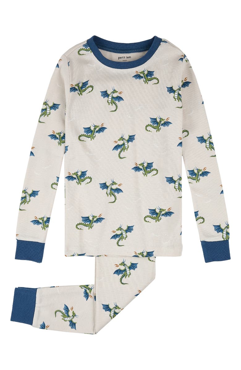 Petit Lem Kids' Dragon Print Fitted Two-Piece Organic Cotton Rib Pajamas, Main, color, 