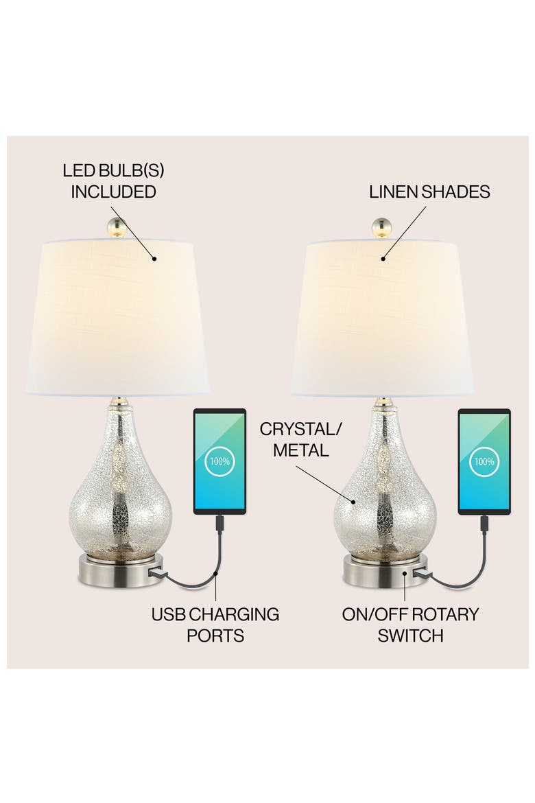Dino 21" Farmhouse Industrial Iron/Glass LED Table Lamp with USB Charging Port, Silver, Alternate, color, Silver