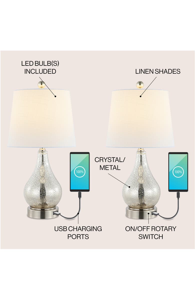 JONATHAN Y Dino 21" Farmhouse Industrial Iron/Glass LED Table Lamp with USB Charging Port, Silver, Alternate, color, Silver