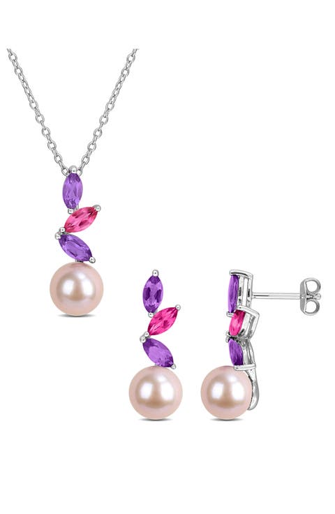 8-8.5mm Pink Cultured Freshwater Pearl Pendant Necklace & Drop Earrings Set