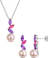 DELMAR 8-8.5mm Pink Cultured Freshwater Pearl Pendant Necklace & Drop Earrings Set
