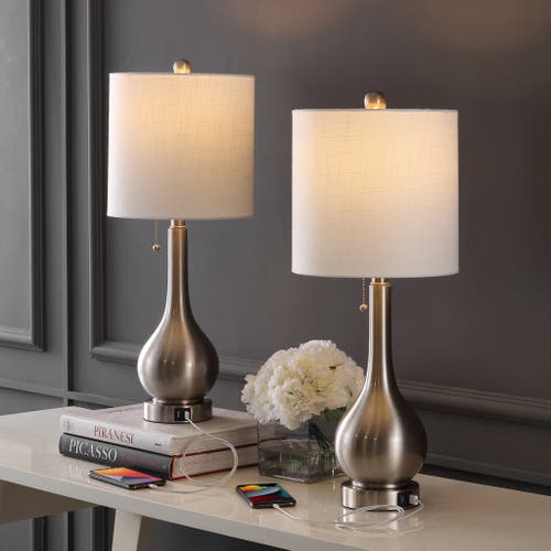 Jonathan Y Tyler 24" Modern Classic Gourd Iron Led Table Lamp With Pull-chain With Dual Usb Charging In Nickel