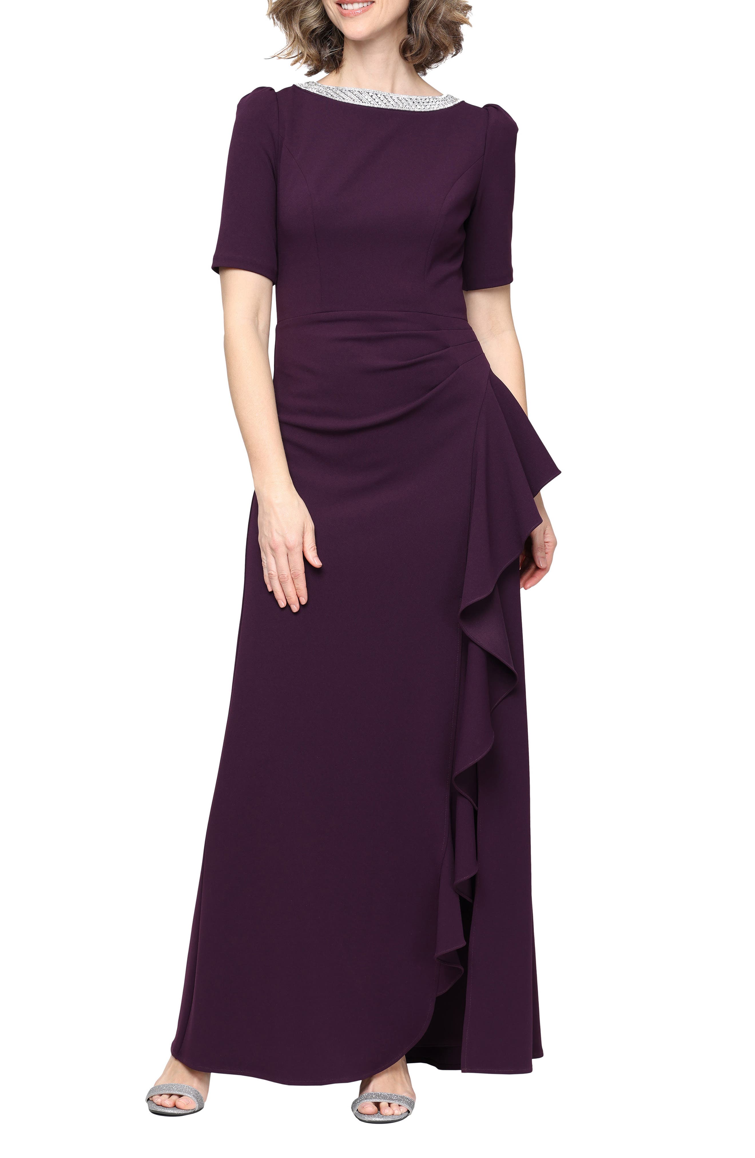 Alex Evenings Embellished Neck A-line Gown In Purple