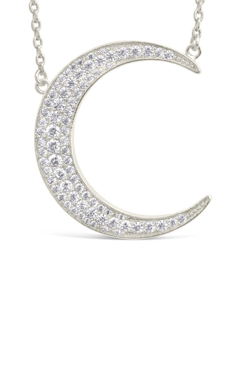 Sterling Forever Stationed Cubic Zirconia Crescent Pendant Necklace, Alternate, color, Silver