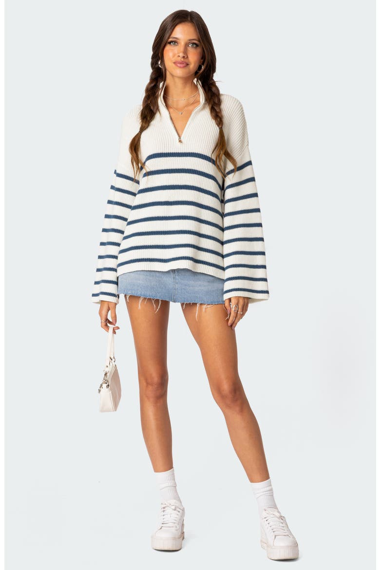Stripe Oversize Quarter Zip Sweater, Alternate, color, WHITE