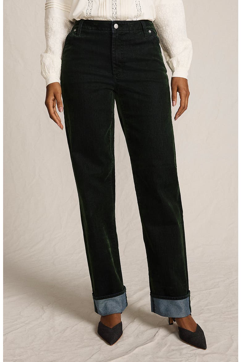 Flocked Denim Mid Rise Relaxed Straight Leg Cuff Jeans, Main, color, Balsam Green