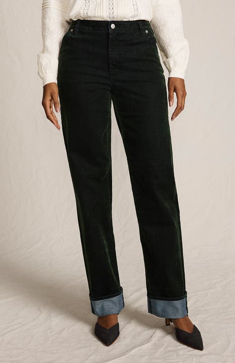 Flocked Denim Mid Rise Relaxed Straight Leg Cuff Jeans