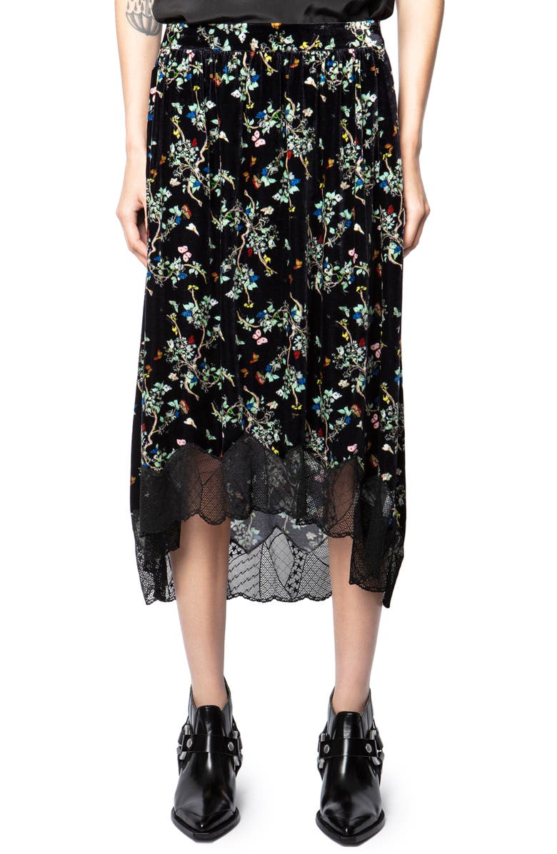 Zadig & Voltaire Joslin Floral Velvet Lace Hem Skirt, Main, color, 