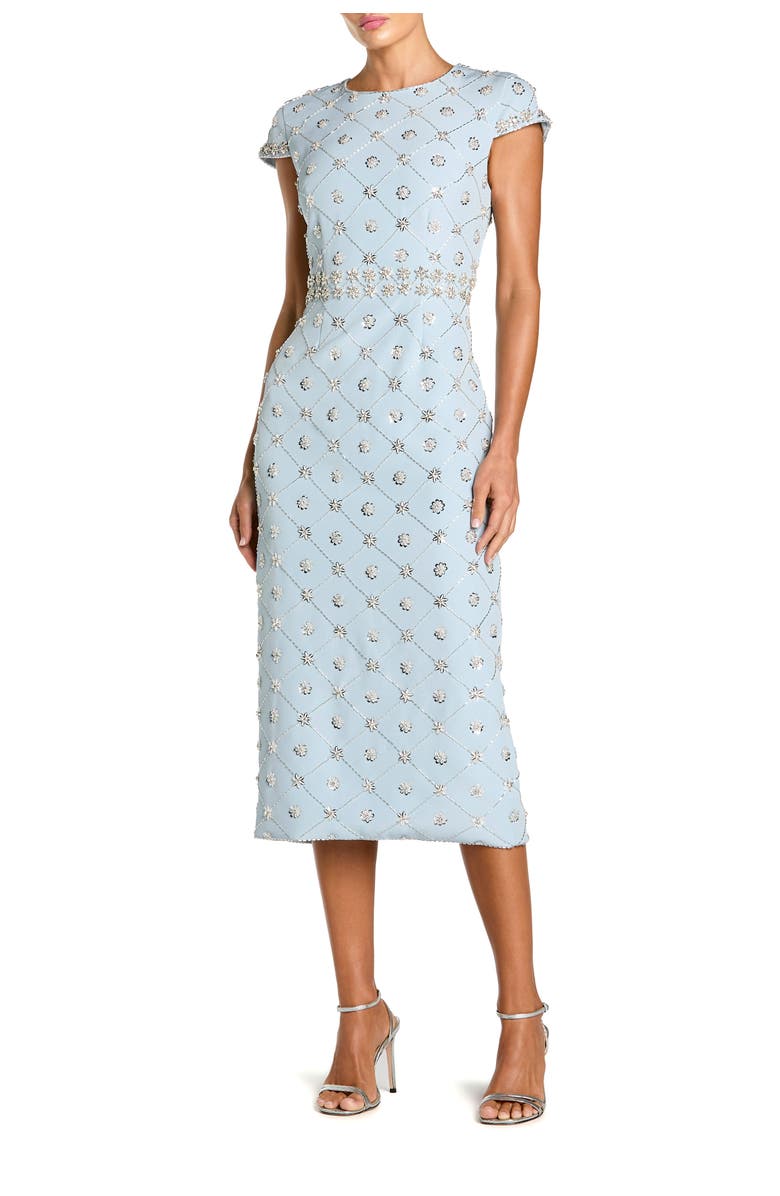 Mac Duggal Beaded Short Sleeve Crew Neck Sheath Midi Dress, Main, color, Powder Blue