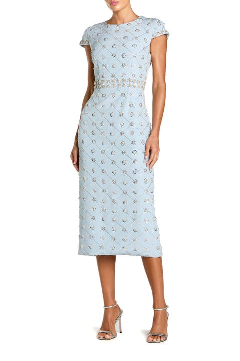 Beaded Short Sleeve Crew Neck Sheath Midi Dress