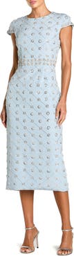 Mac Duggal Beaded Short Sleeve Crew Neck Sheath Midi Dress
