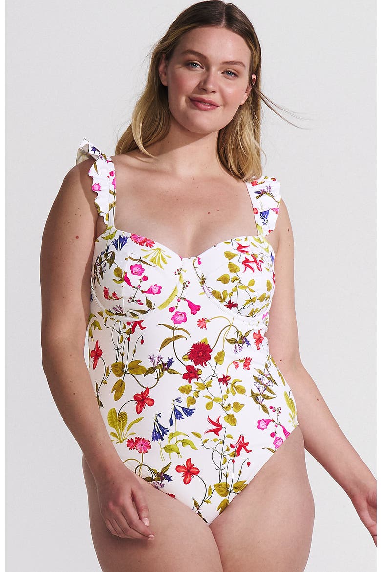 Plus Size Balconette Ruffle High Leg One Piece Swimsuit, Main, color, White Multi Garden Floral