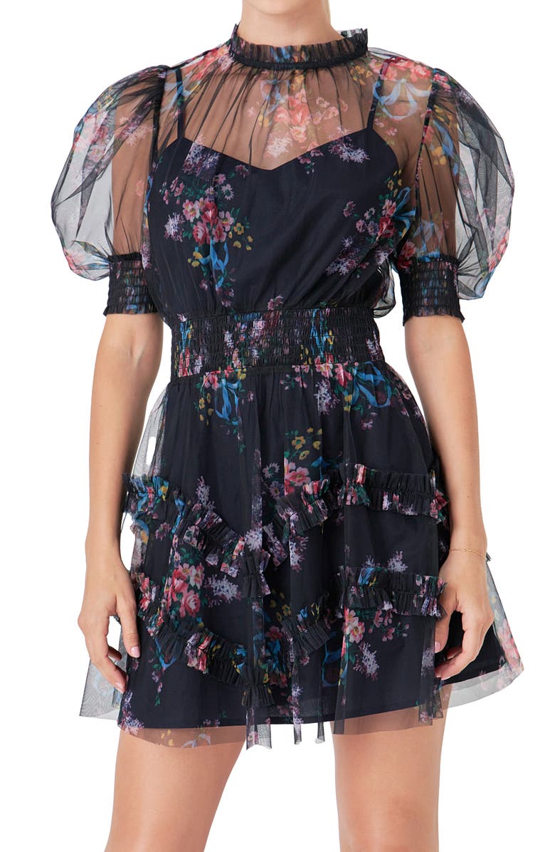 Endless Rose Floral Ruffle Puff Sleeve Mesh Minidress, Alternate, color,
